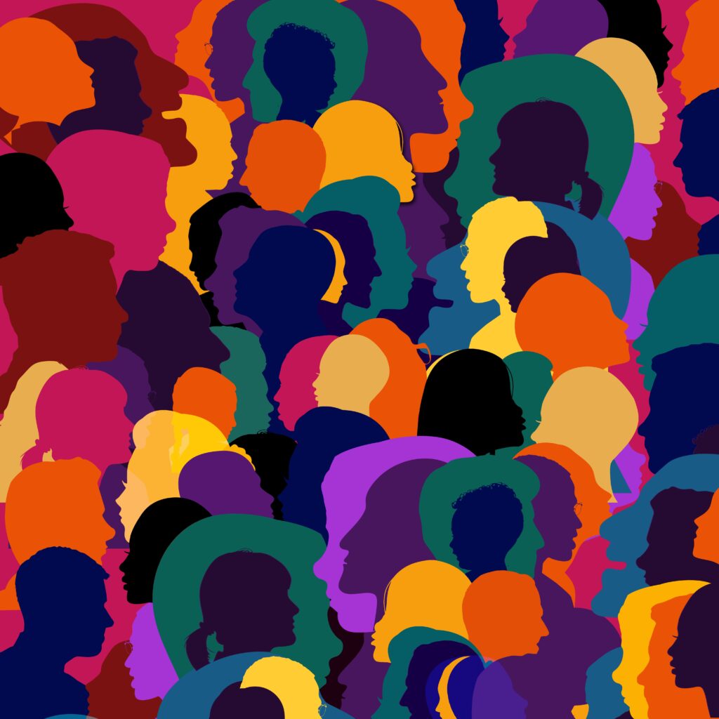 A large square field of multicolor silhouettes of people of different shapes and sizes.